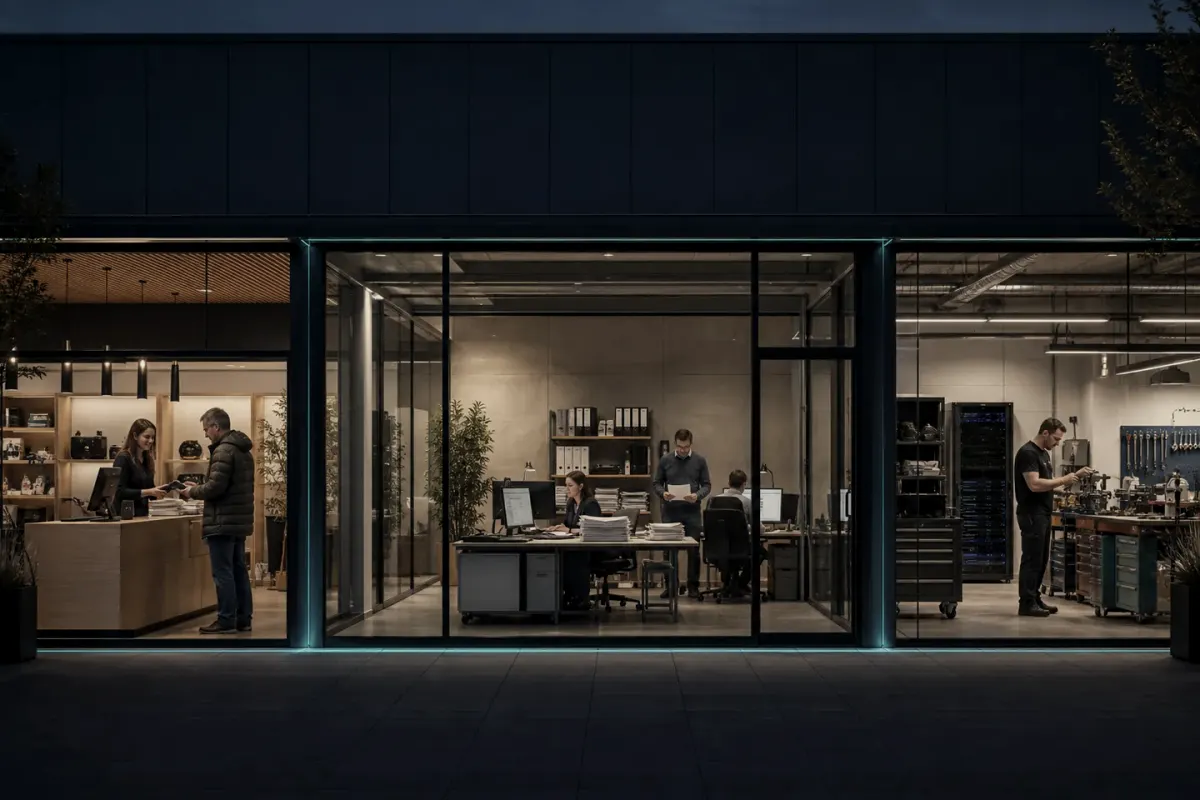 Symbolbild: Betrieb am Abend – Büro mit Bildschirmarbeitsplätzen und Technikraum hinter einer Glasfront
